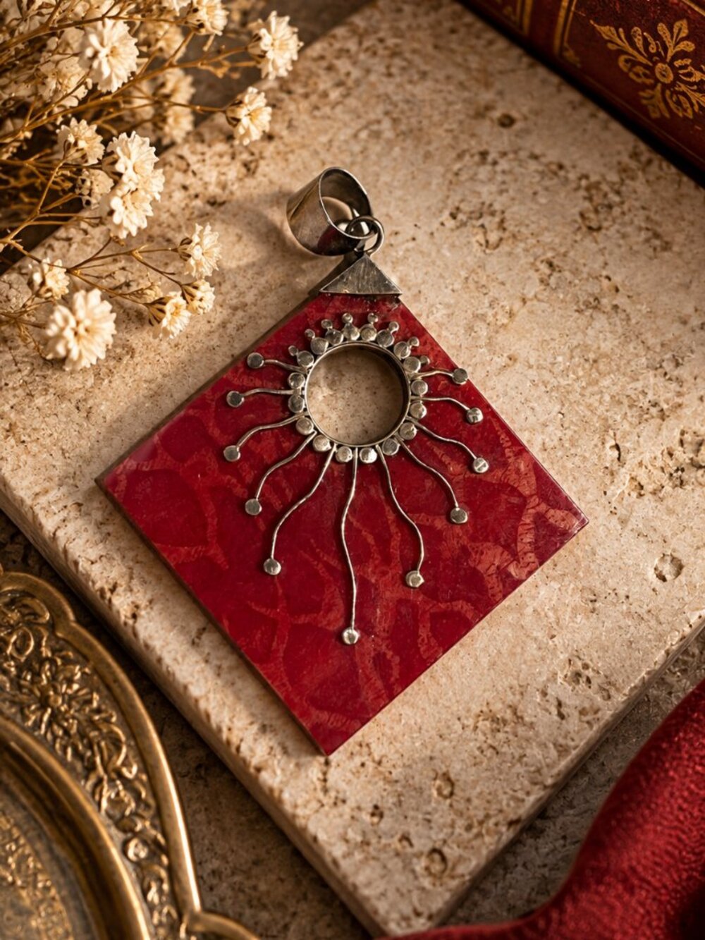 Vintage 925 Sterling Silver & Red Sponge Coral Celestial Sunburst Pendant
